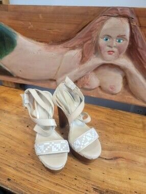 Giani Bini Sz 8.5 Leather Beige & White Checkered Pattern 2" Platform 5" Heel